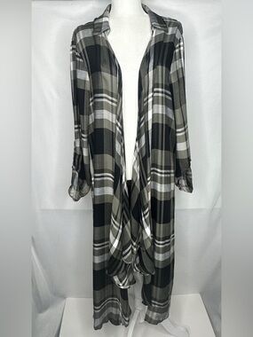 Tru Self  Olive Green Plaid Open Front Duster Cardigan  Lace Back Boho Chic SzXL